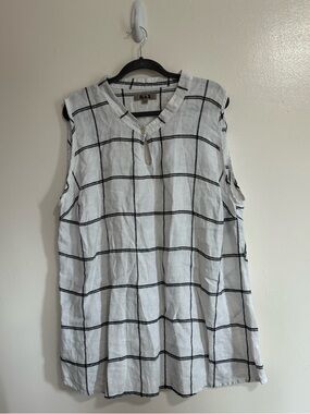 FLAX Linen White Windowpane Check Sleeveless Tunic, Keyhole Front, Size 18-20